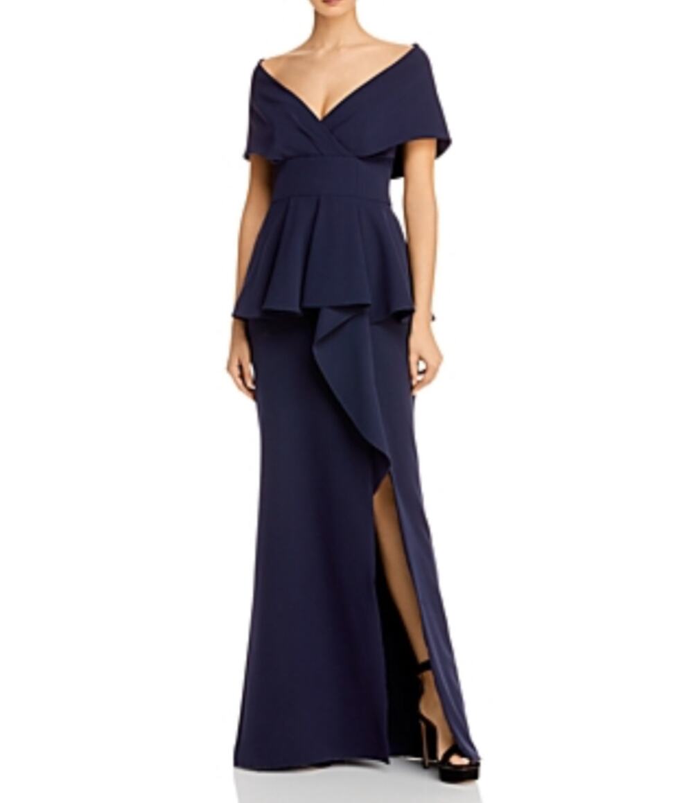 Aidan Mattox Blue Evening Gown Shawl Collar Thigh Slit Long A-Line Dress Size 4